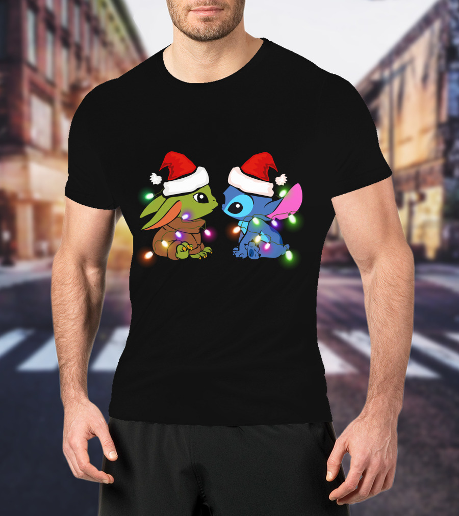 Santa Hat Baby Yoda And Stitch Christmas Lights T-Shirt