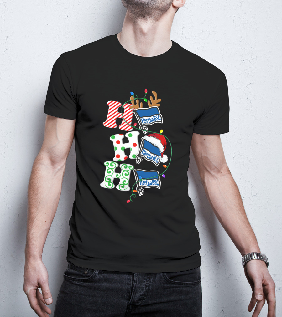 Hertha BSC Ho Ho Ho Christmas Lights Reindeer Santa Hat T-Shirt