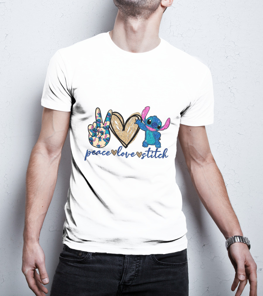 Peace Love Stitch Alien Character With Peace And Heart Symbols T-Shirt