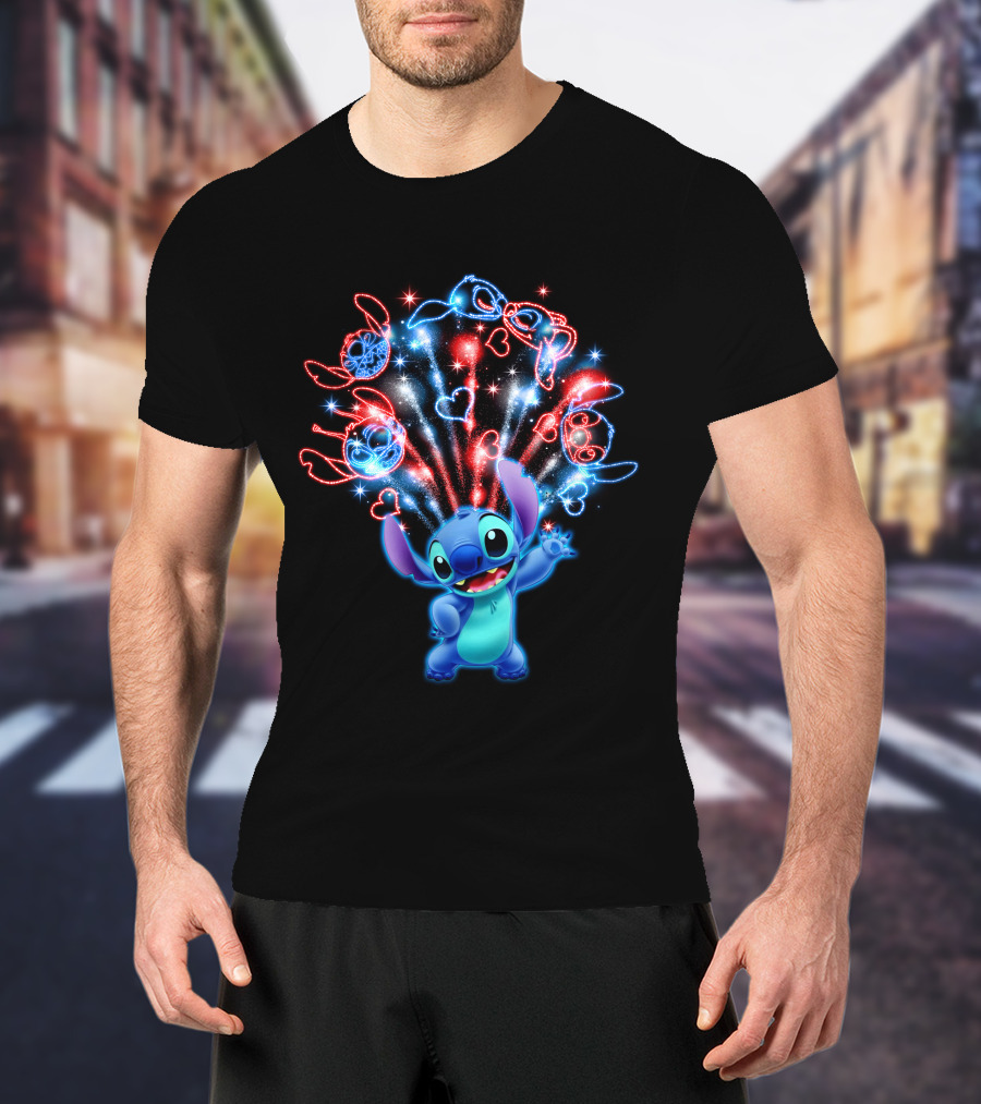Stitch Magic Fireworks Burst Hearts And Glasses T-Shirt