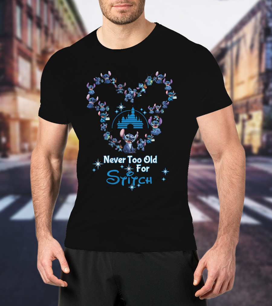 Never Too Old For Stitch Disney Castle Heart Shape T-Shirt