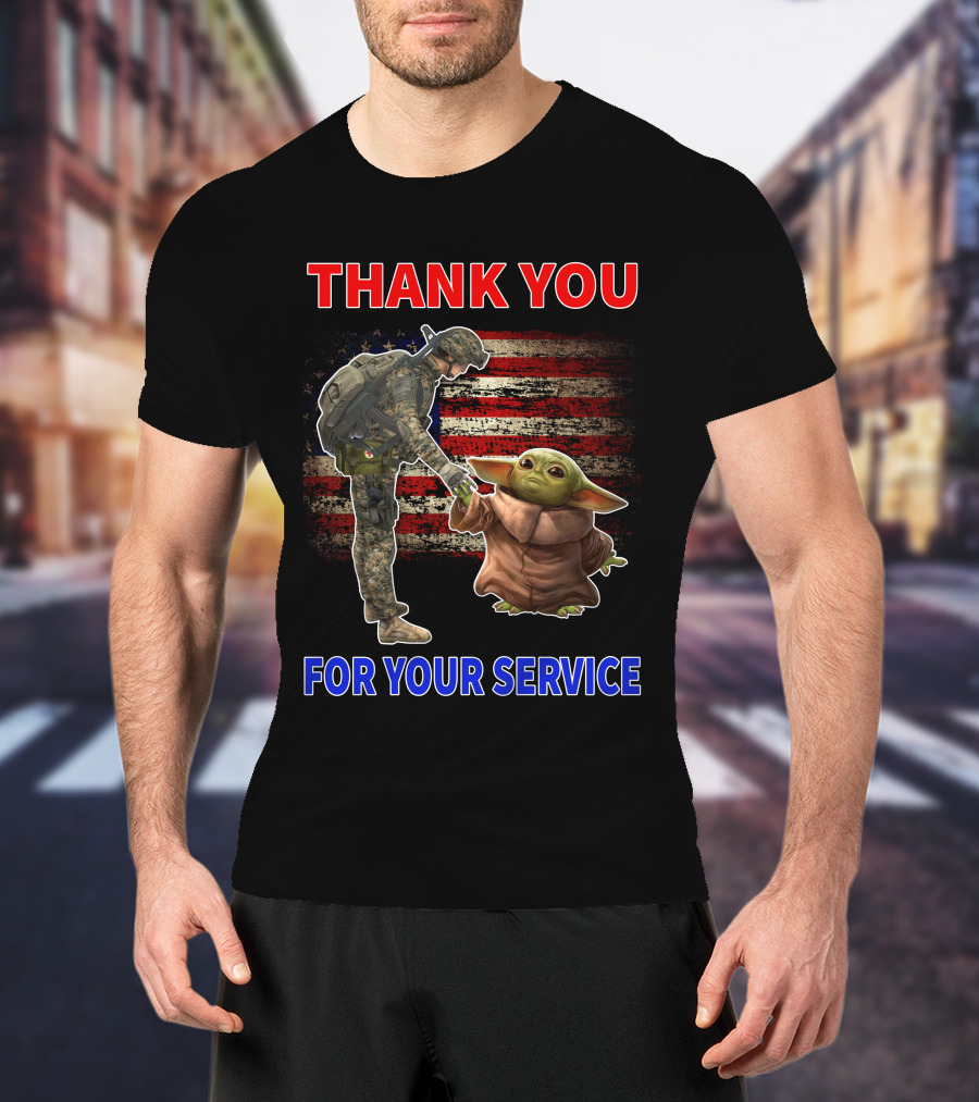 Thank You For Your Service Baby Yoda American Flag Soldier Handshake T-Shirt