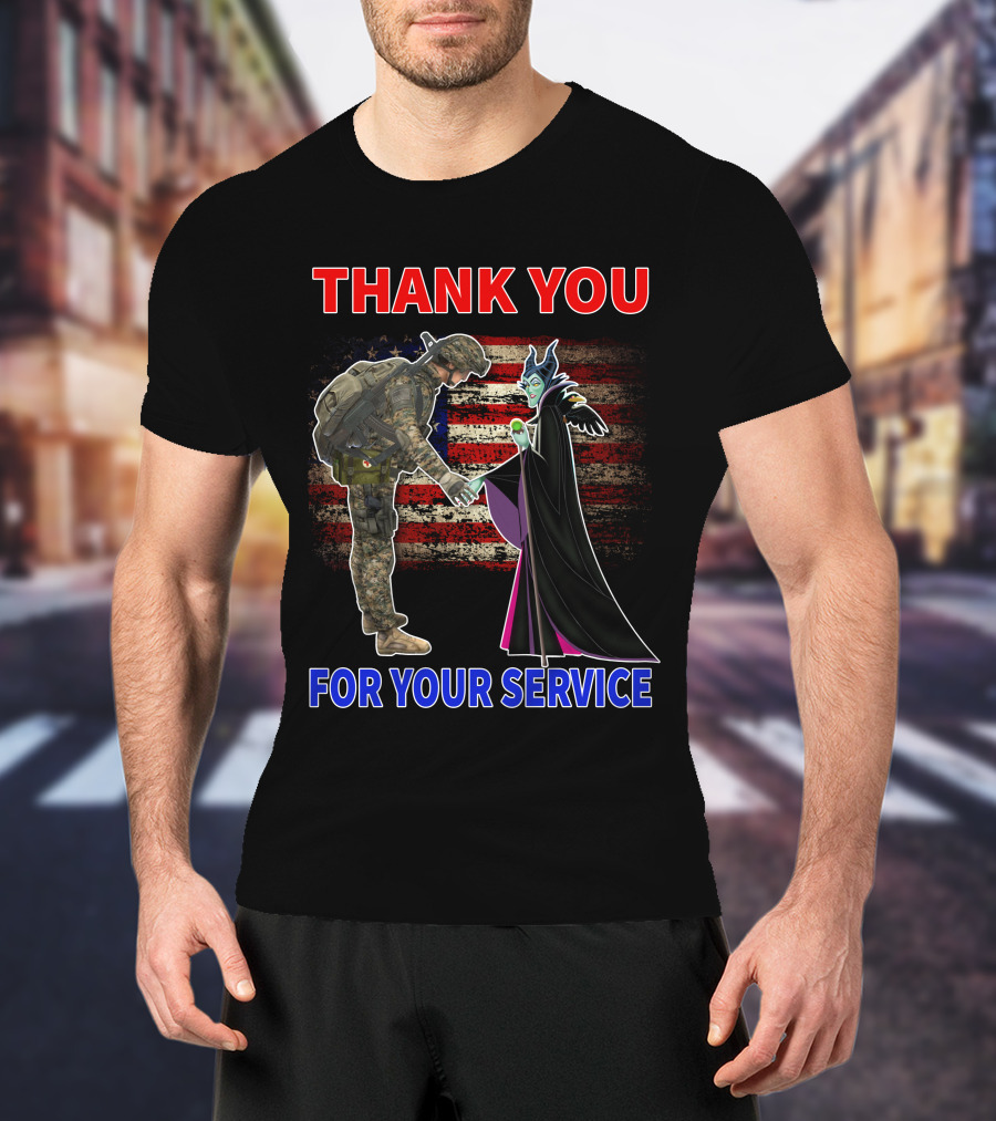 Maleficent Thank You For Your Service Soldier With American Flag Background T-Shirt