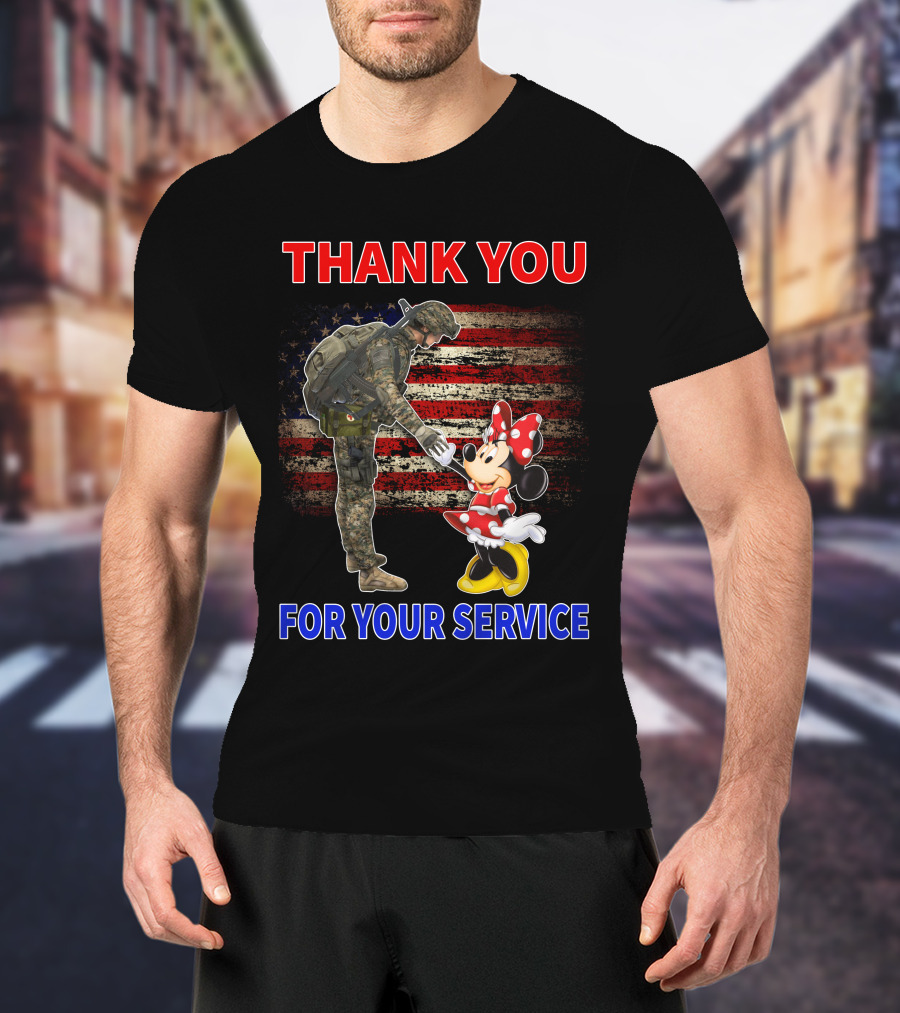 Thank You For Your Service Soldier And Minnie Mouse With American Flag Background T-Shirt