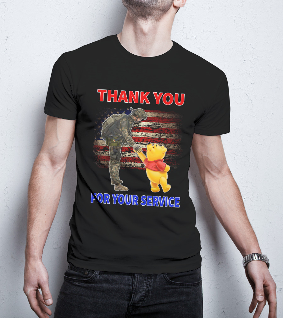 Thank You For Your Service Soldier And Pooh With American Flag Background T-Shirt