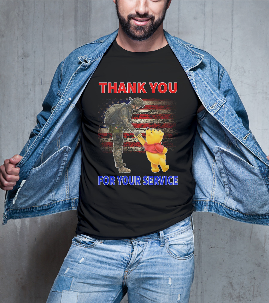 Thank You For Your Service Soldier And Pooh With American Flag Background T-Shirt