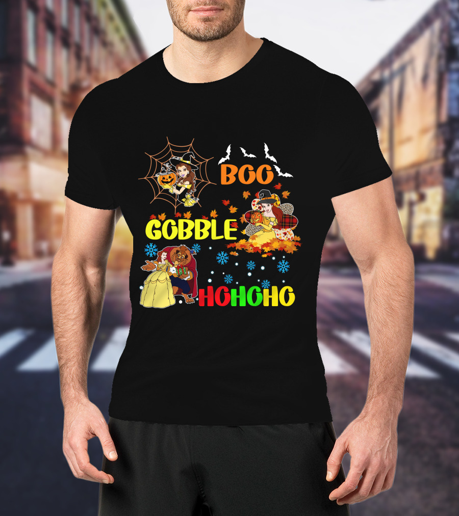 Boo Gobble Hohoho Belle HalloThanksMas T-Shirt