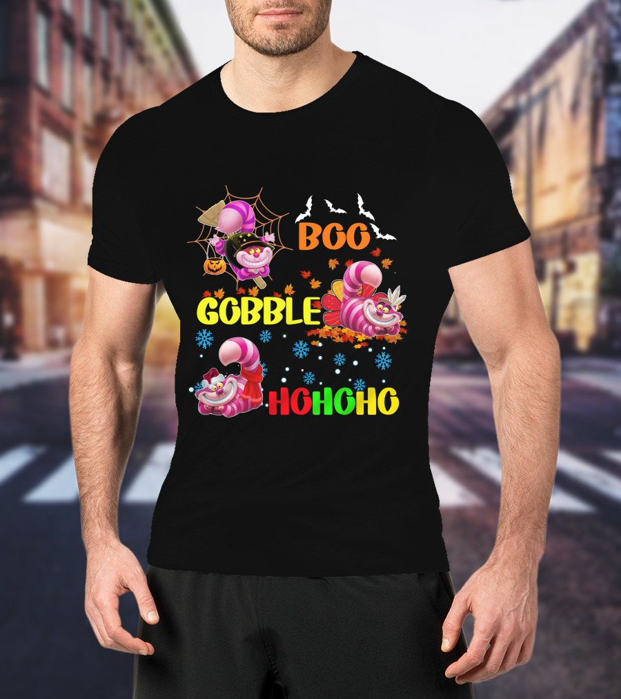 Cheshire Cat Boo Gobble HoHoHo HalloThanksMas T-Shirt