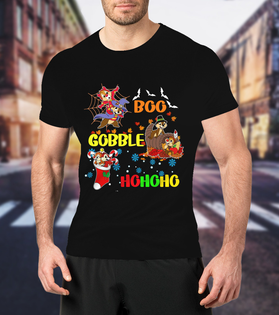 Chip And Dale Boo Gobble HoHoHo Halloween Thanksgiving Christmas T-Shirt