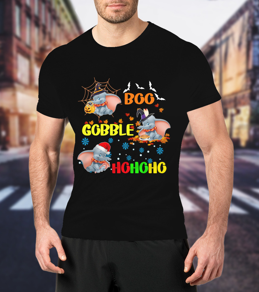 Dumbo Boo Gobble Ho Ho Ho Halloween Thanksgiving Christmas T-Shirt