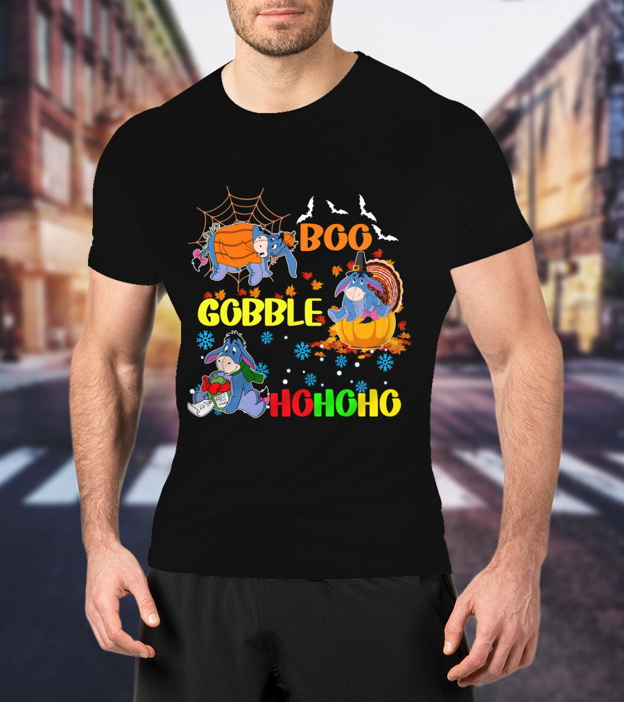 Eeyore Boo Gobble HoHoHo HalloThanksMas T-Shirt