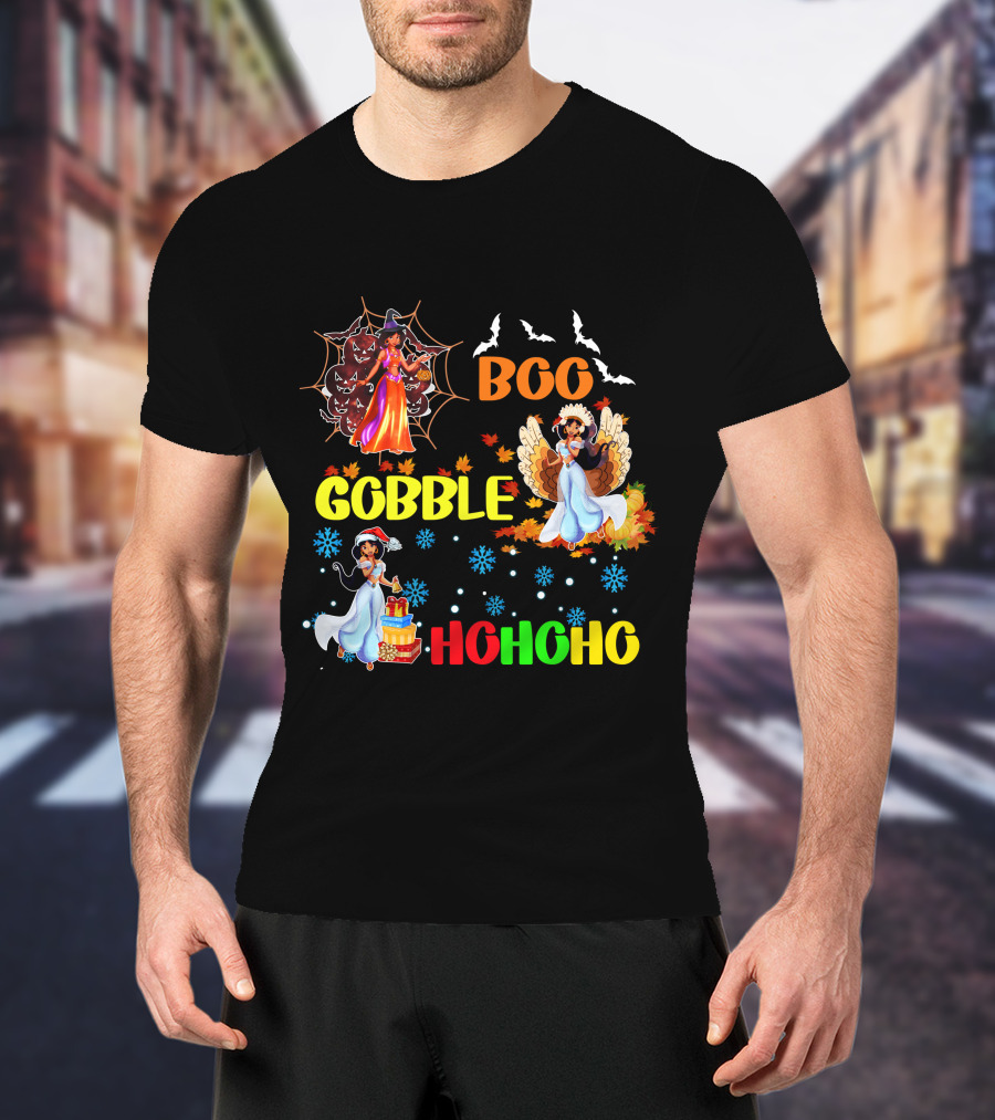 Jasmine Boo Gobble HoHoHo HalloThanksMas Bats Leaves Snowflakes T-Shirt