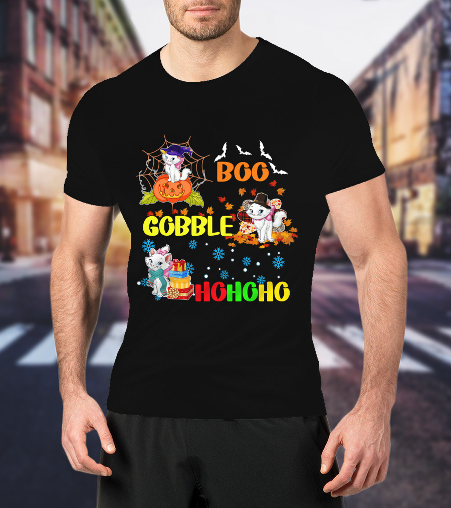 Marie Cat Boo Gobble HoHoHo HalloThanksMas T-Shirt