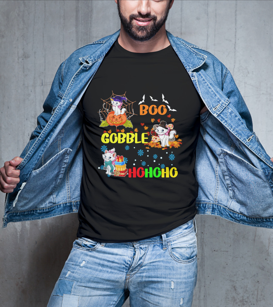 Marie Cat Boo Gobble HoHoHo HalloThanksMas T-Shirt