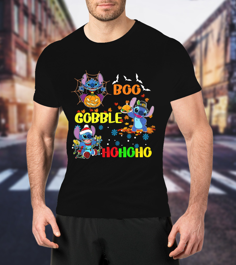 Stitch Boo Gobble Ho Ho Ho HalloThanksMas T-Shirt