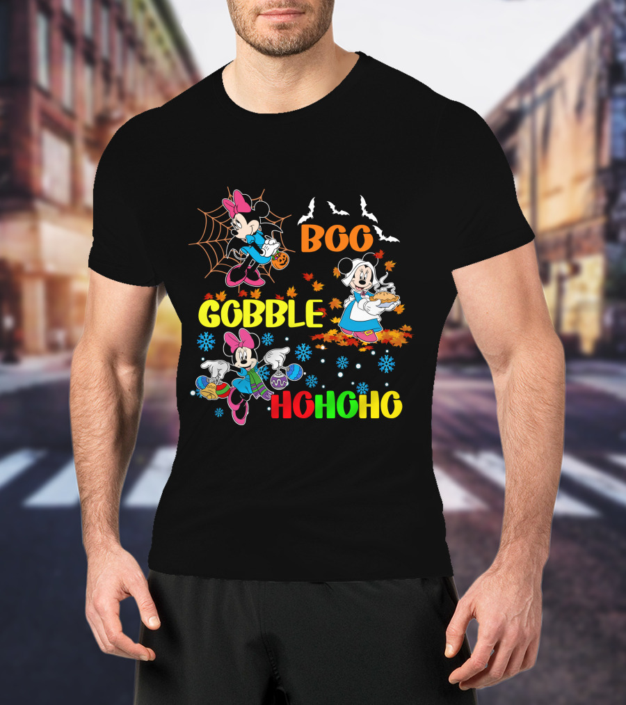 Minnie Boo Gobble HoHoHo Halloween Thanksgiving Christmas T-Shirt