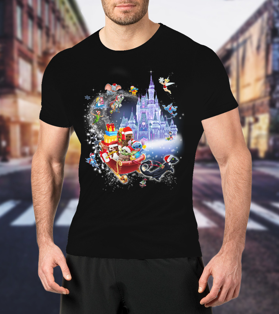 Baby Yoda Christmas Disney Castle Santa Sleigh Tinker Bell Stitch Dumbo Gifts T-Shirt