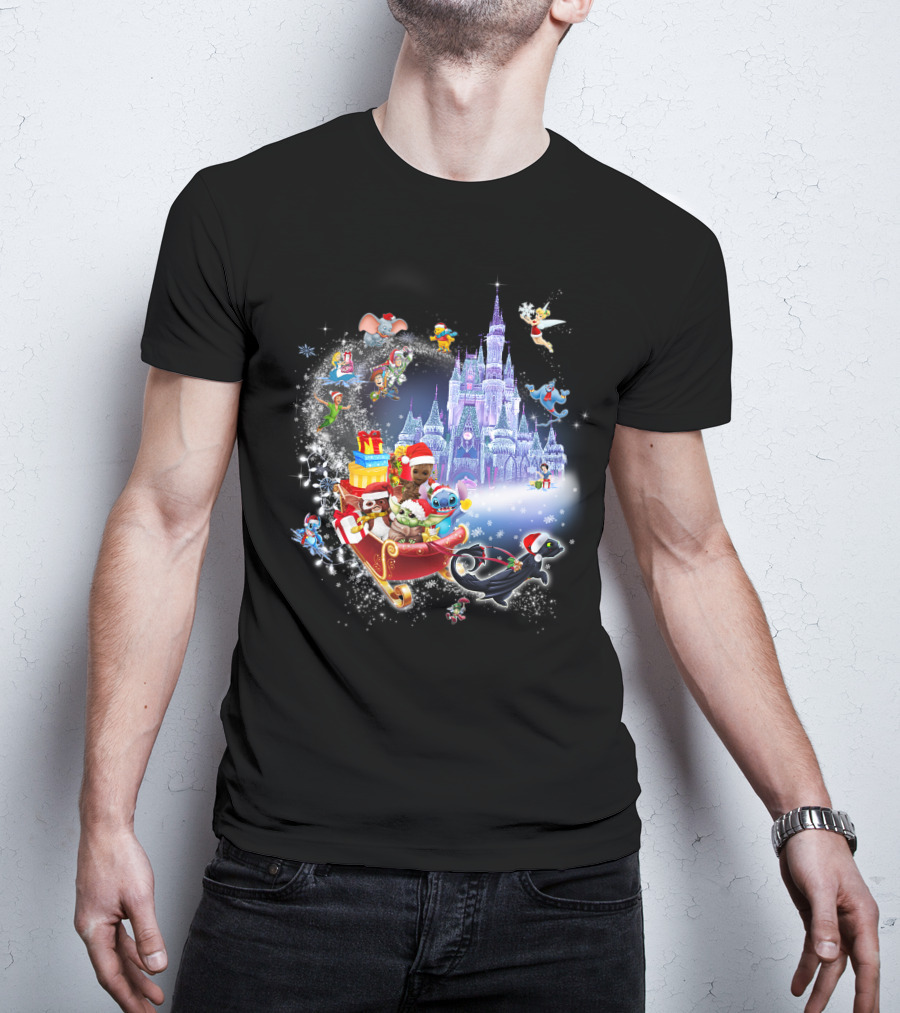 Baby Yoda Christmas Disney Castle Santa Sleigh Tinker Bell Stitch Dumbo Gifts T-Shirt