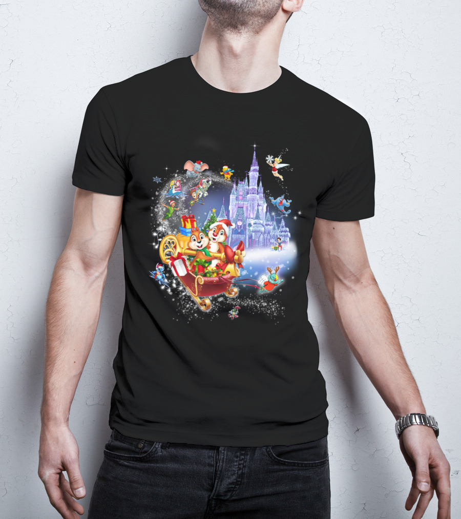 Chip And Dale Christmas Castle With Sleigh And Gifts T-Shirt