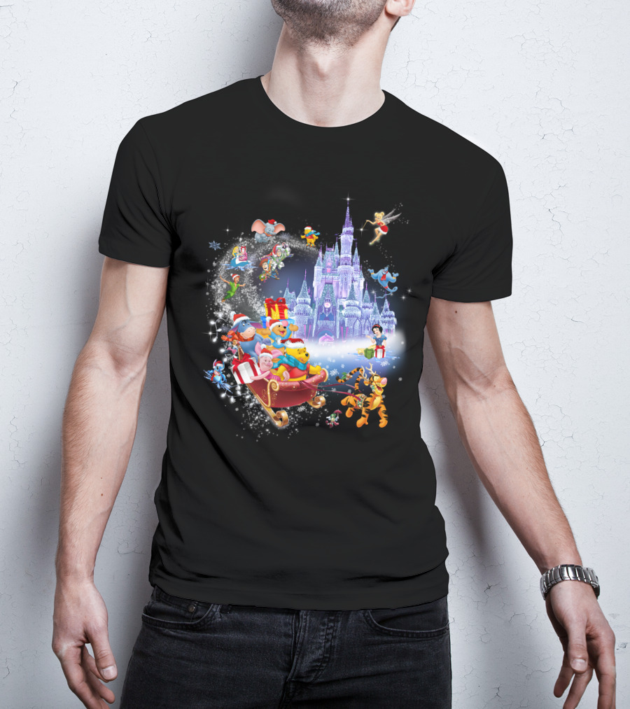 Pooh Christmas Disney Winter Wonderland With Castle And Characters T-Shirt