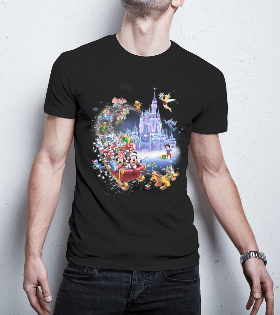 Mickey And Minnie Christmas With Castle, Disney Characters, And Winter Wonderland Holiday Scene T-Shirt