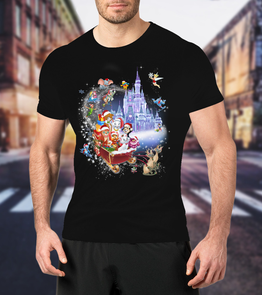 Disney Cats Christmas Castle Sleigh With Santa Hats And Tinker Bell T-Shirt