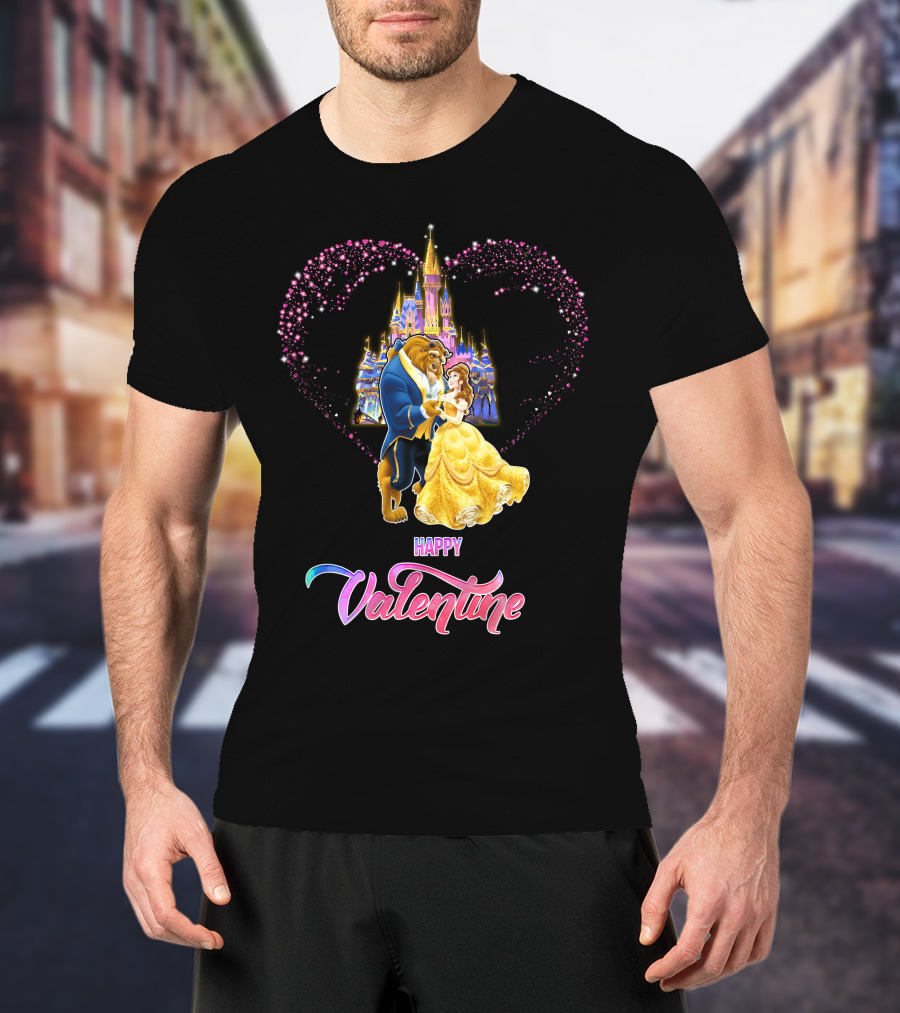 Happy Valentine Beauty And The Beast Castle Hearts T-Shirt