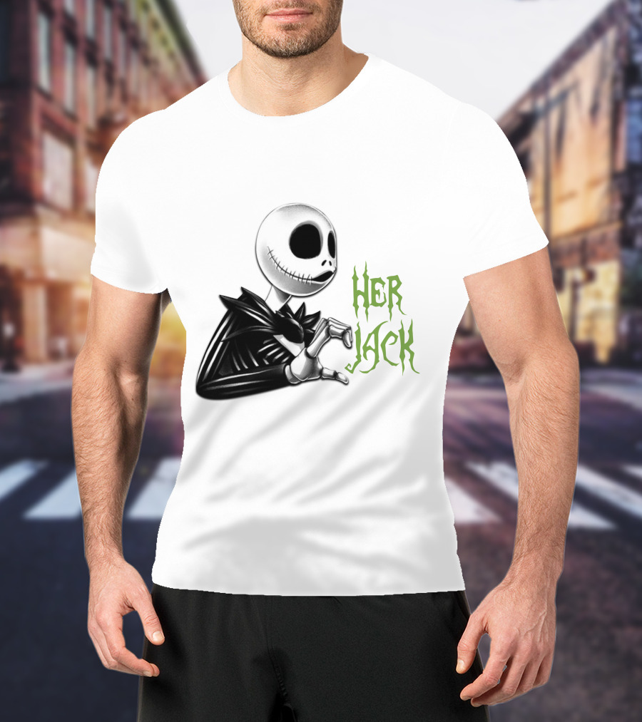 Her Jack Skeleton Character Sketch Black And White Green Lettering T-Shirt