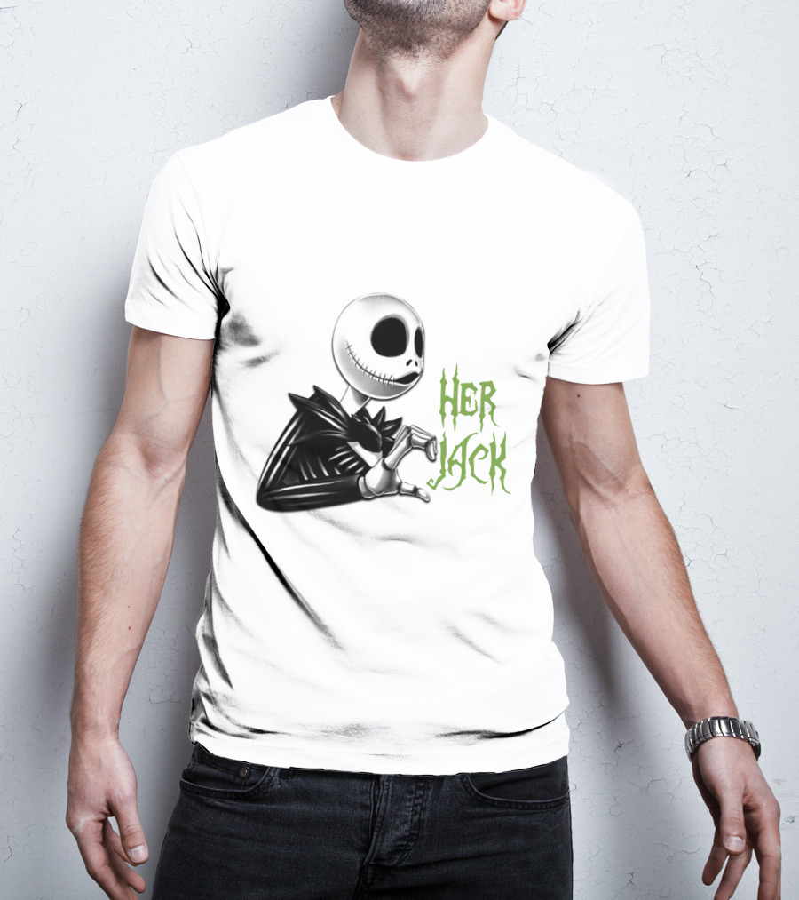 Her Jack Skeleton Character Sketch Black And White Green Lettering T-Shirt