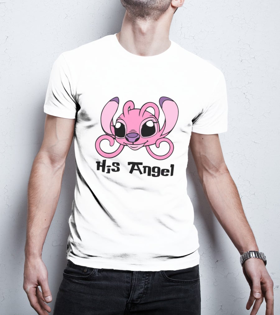 Stitch His Angel Pink Character Featuring Large Ears And Whimsical T-Shirt