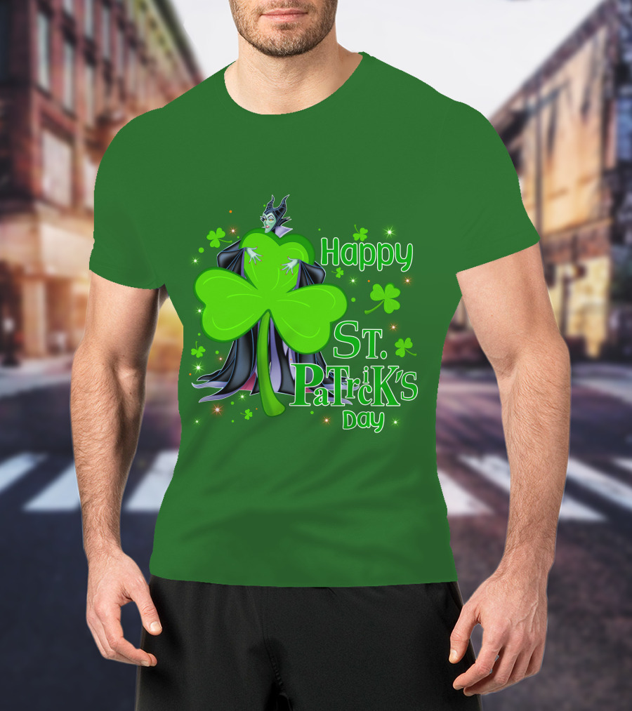 Maleficent Happy St Patrick's Day Shamrock Clover Sparkle T-Shirt