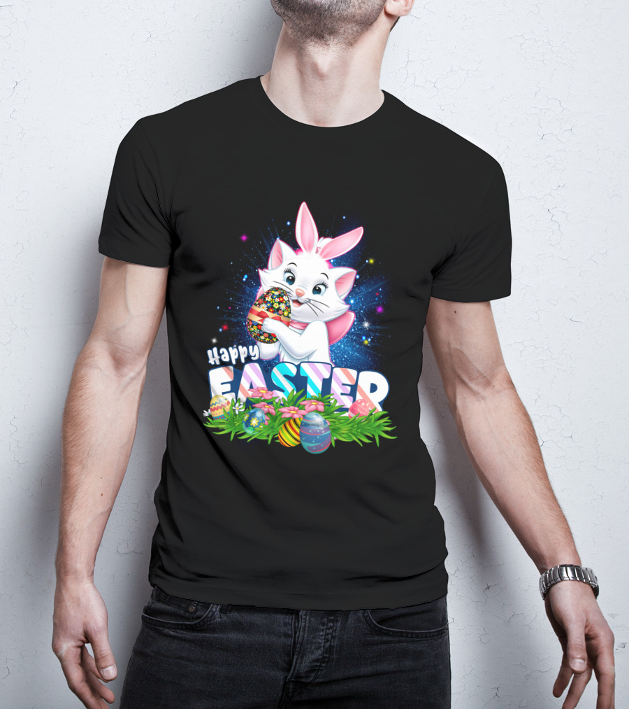 Happy Easter Marie Cat With Colorful Easter Eggs And Flowers T-Shirt