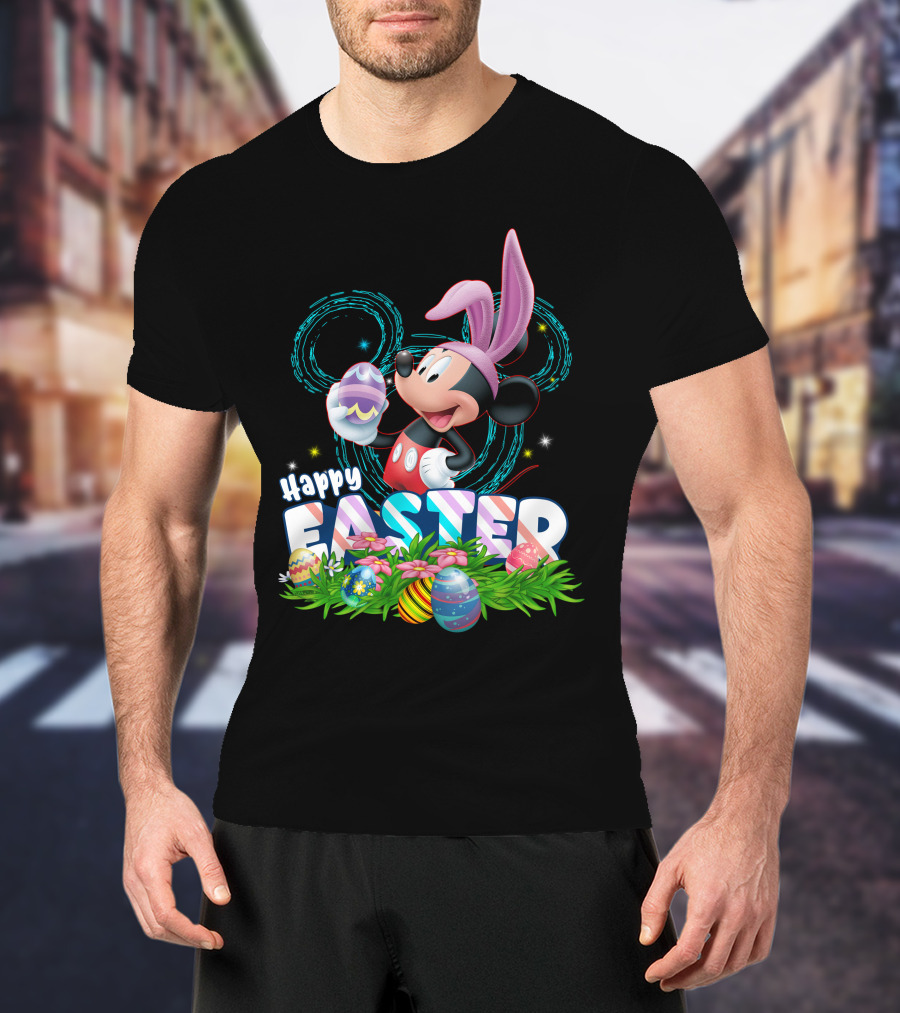 MK Happy Easter Mickey Mouse Bunny Ears Holding Colorful Easter Eggs In Grass T-Shirt