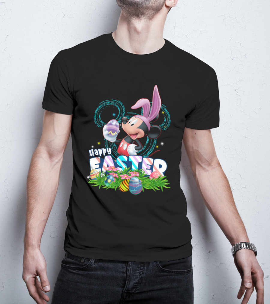 MK Happy Easter Mickey Mouse Bunny Ears Holding Colorful Easter Eggs In Grass T-Shirt