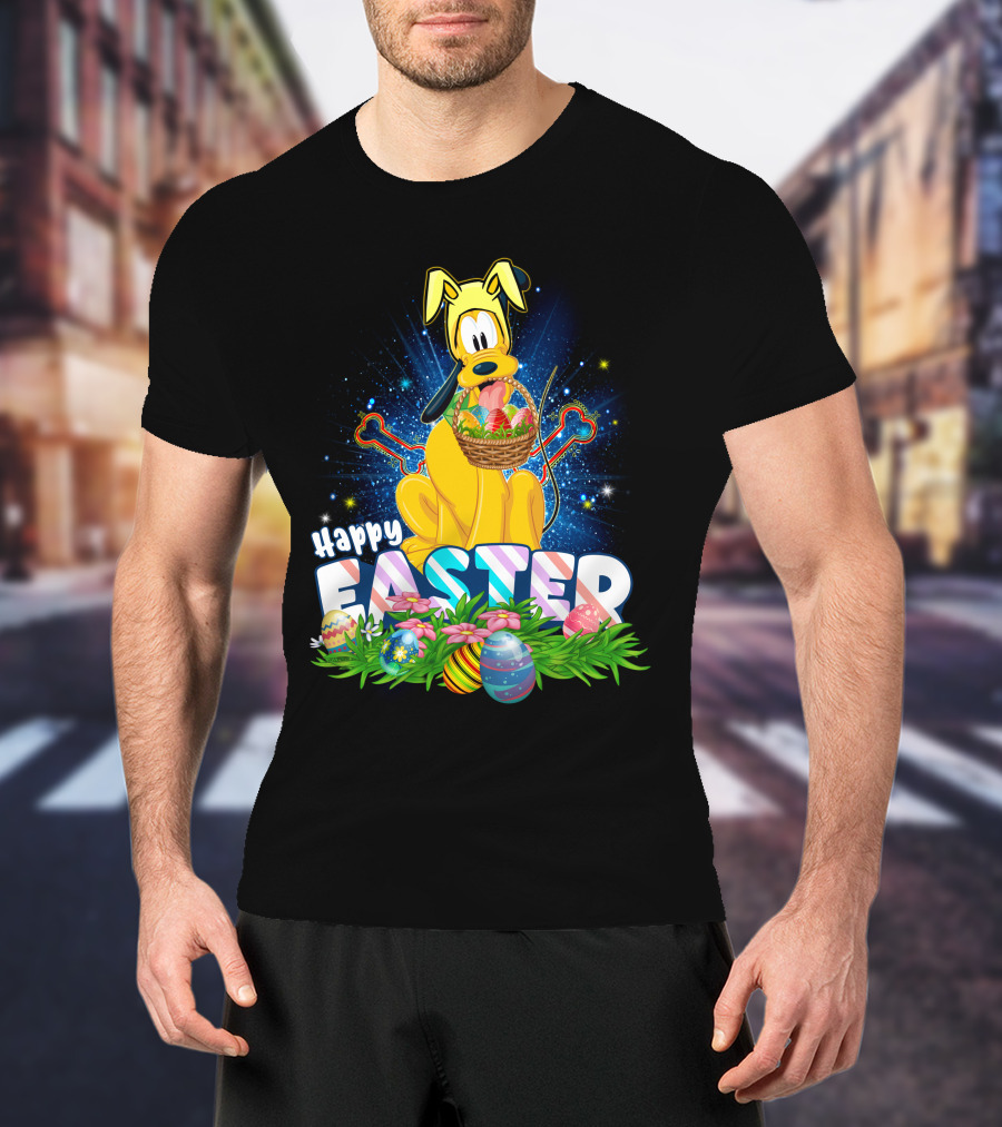 Pluto Happy Easter Basket With Eggs And Flowers T-Shirt
