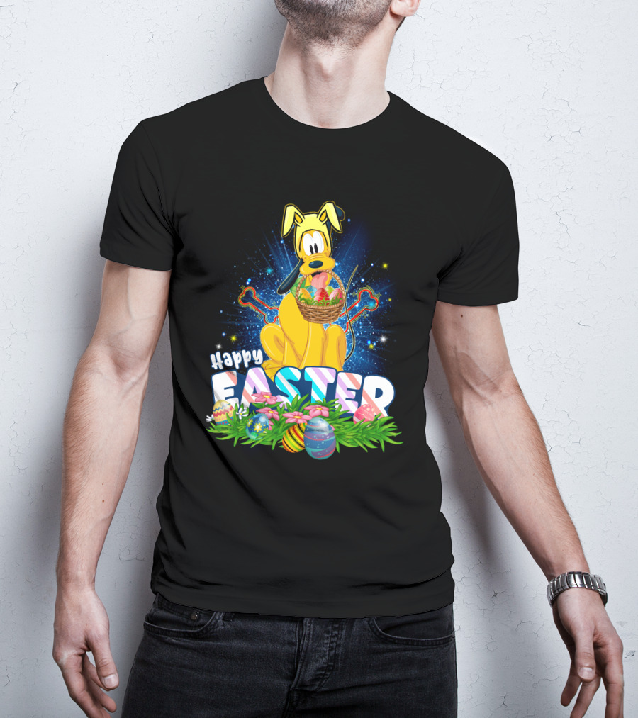 Pluto Happy Easter Basket With Eggs And Flowers T-Shirt