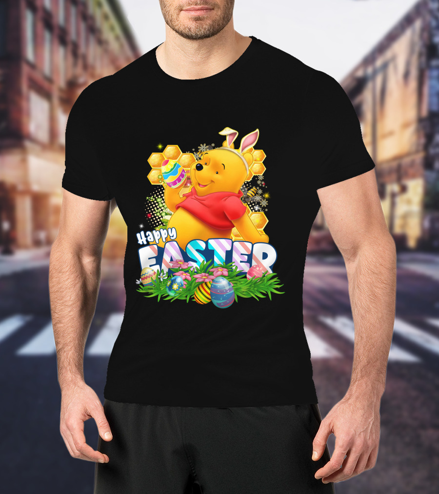 Pooh Happy Easter With Eggs And Honeycomb Background T-Shirt
