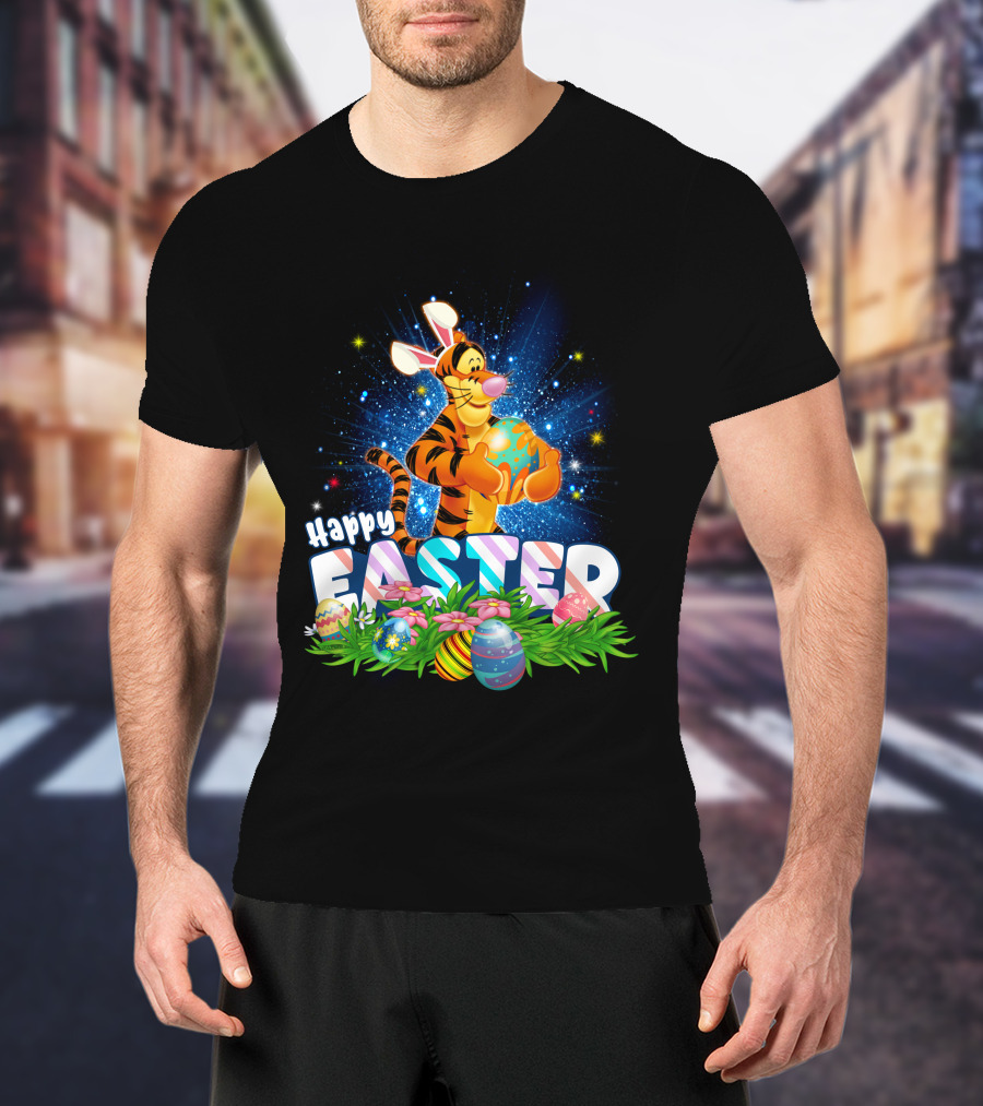 Tigger Happy Easter With Colorful Eggs And Flowers T-Shirt