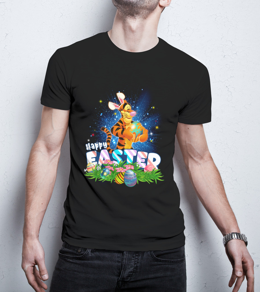 Tigger Happy Easter With Colorful Eggs And Flowers T-Shirt