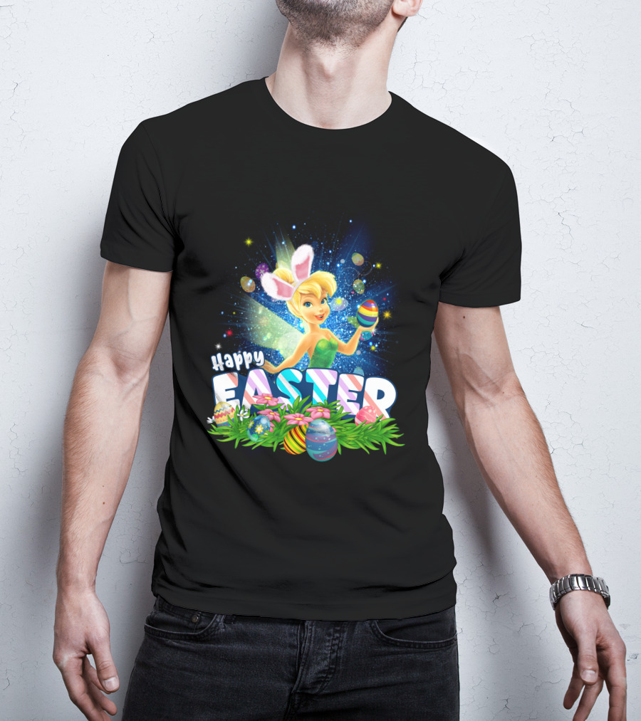 Happy Easter Tinkerbell With Bunny Ears And Colorful Eggs T-Shirt