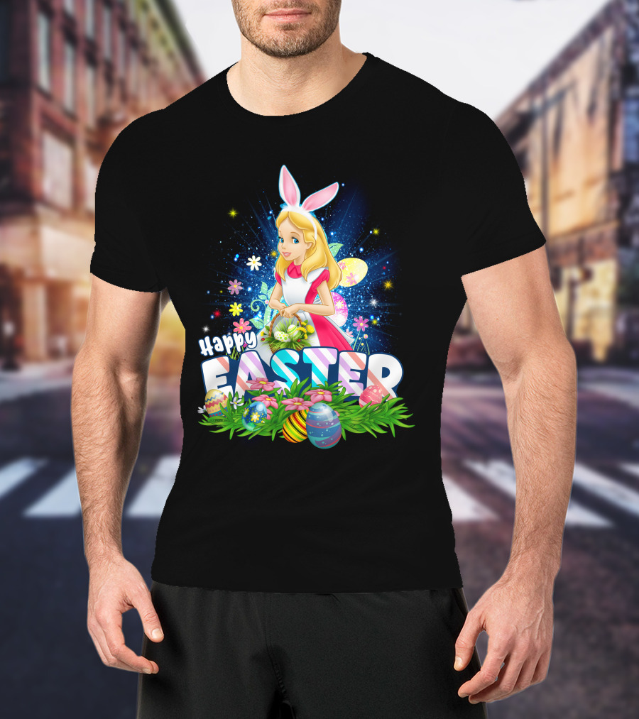 Alice Happy Easter Bunny Ears With Colorful Eggs And Flowers T-Shirt