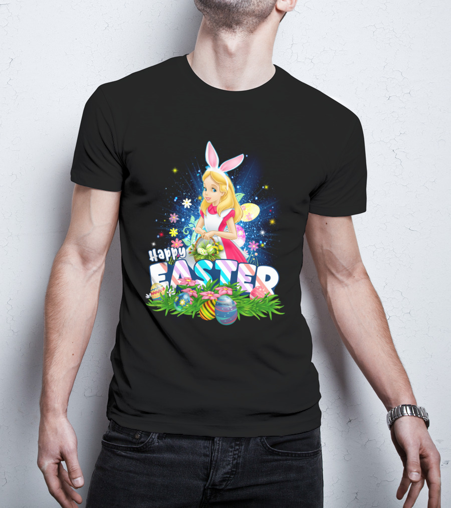 Alice Happy Easter Bunny Ears With Colorful Eggs And Flowers T-Shirt