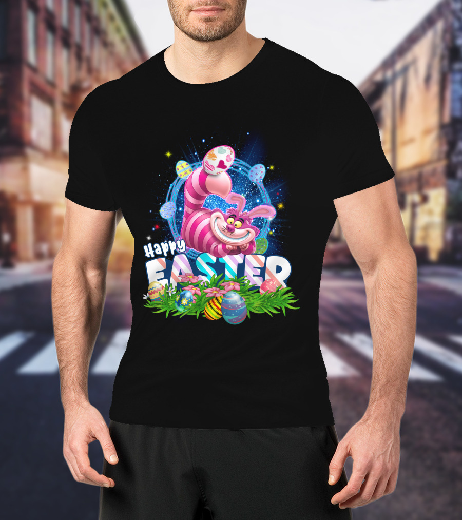 Cheshire Cat Happy Easter Eggs And Flowers T-Shirt
