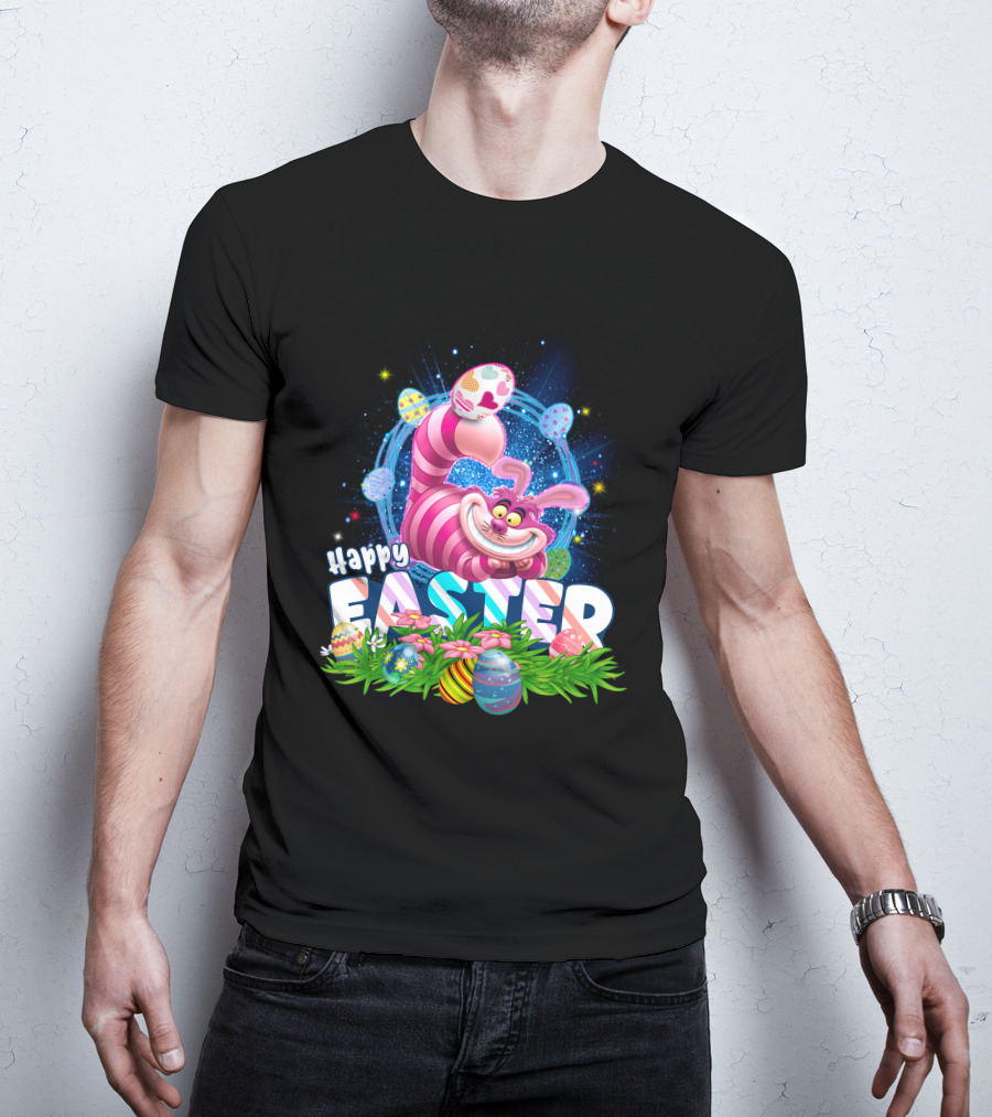 Cheshire Cat Happy Easter Eggs And Flowers T-Shirt