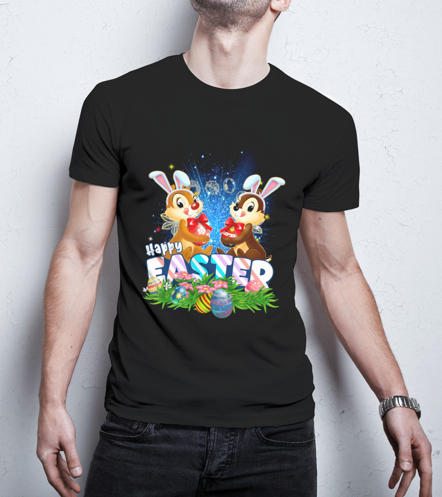 Chip Dale Happy Easter With Bunny Ears And Colorful Eggs T-Shirt
