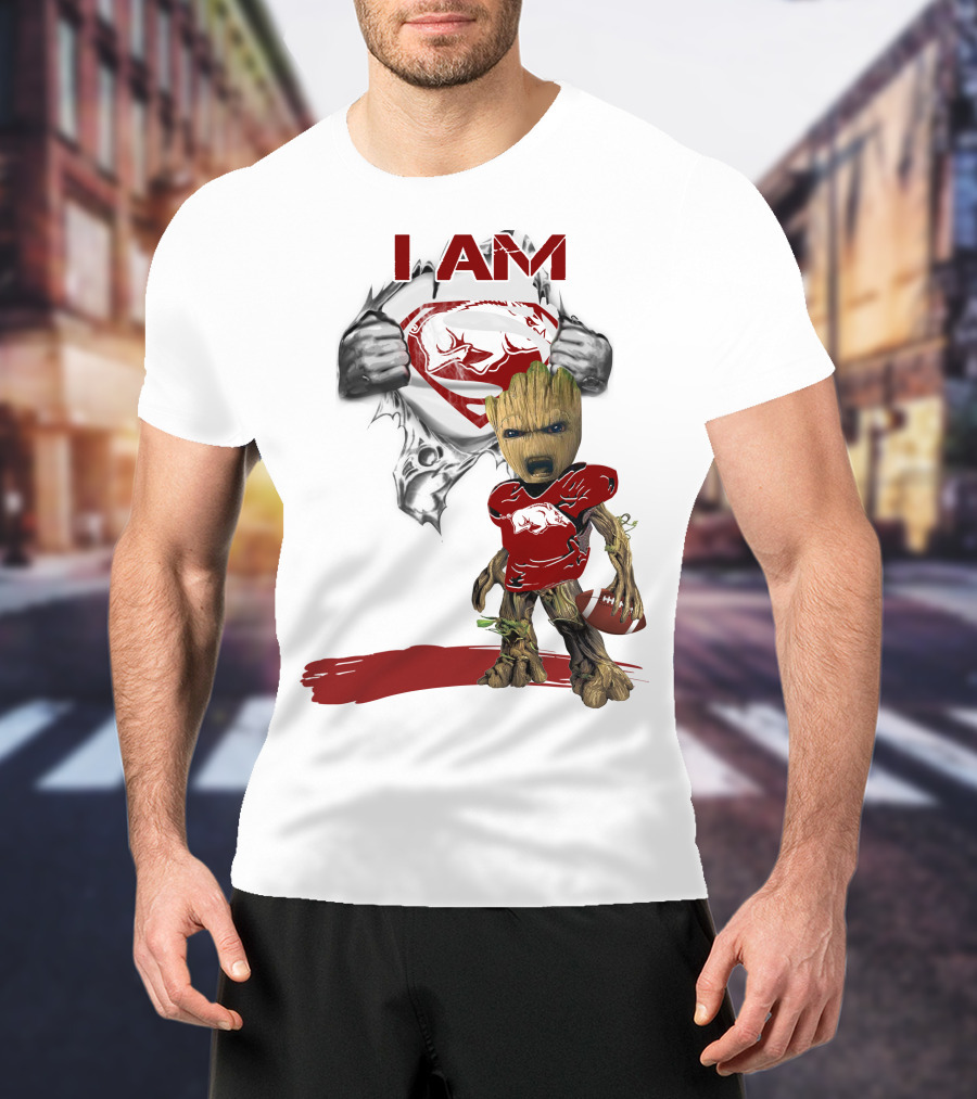 I AM Arkansas Razorbacks Baby Groot Superman T-Shirt