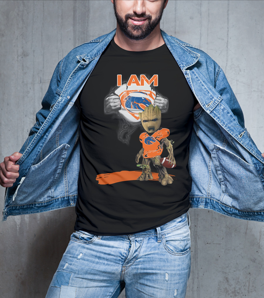 Boise State Broncos Baby Groot Superman I Am Football Fan T-Shirt