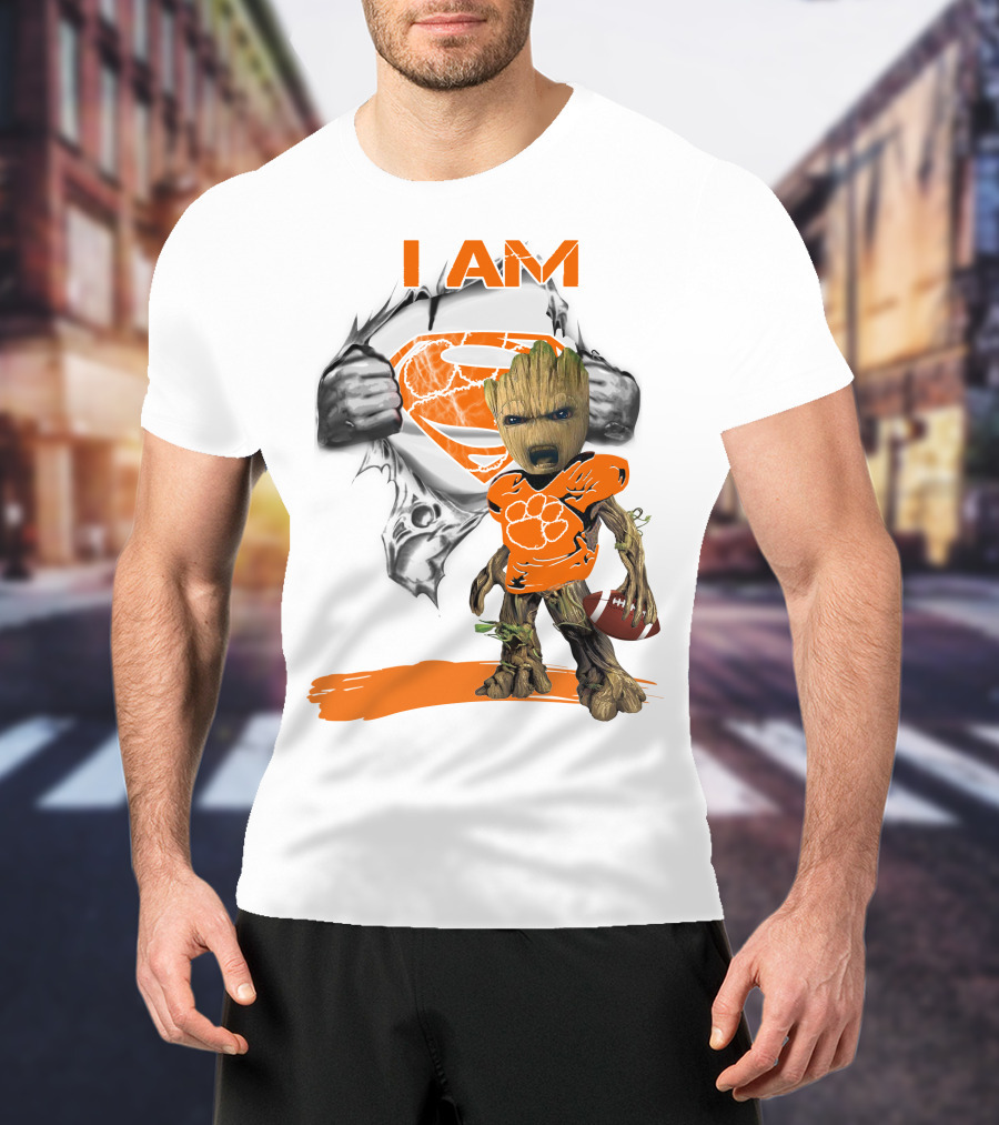 I Am Clemson Baby Groot Superman Football T-Shirt