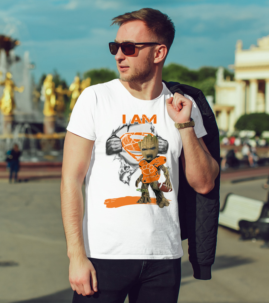 I Am Clemson Baby Groot Superman Football T-Shirt