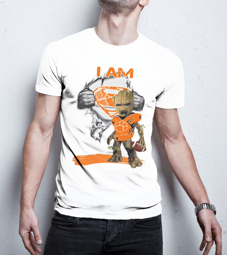I Am Clemson Baby Groot Superman Football T-Shirt